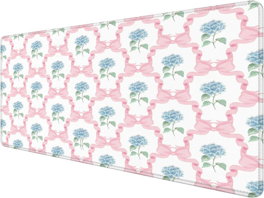 Blue Hydrangea Large Mouse Pad 31.5x15.7inch, Trendy Coquette Pink Bow Flower Aesthetic Large Extended Computer Desk Mat Mousepad for Keyboard and Mouse, Preppy Desk Accessories