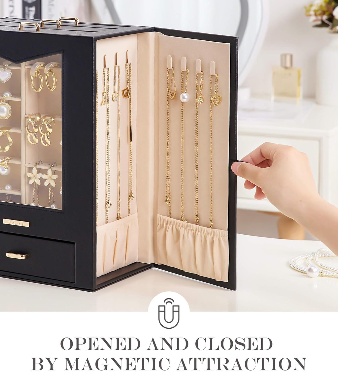 Homde Jewelry Organizer with Transparent Window Necklace Hooks Gift for Women Jewelry Box Display Case for Necklaces Rings Earrings Bracelets and Other Jewelry Accessories (Black + Gold)