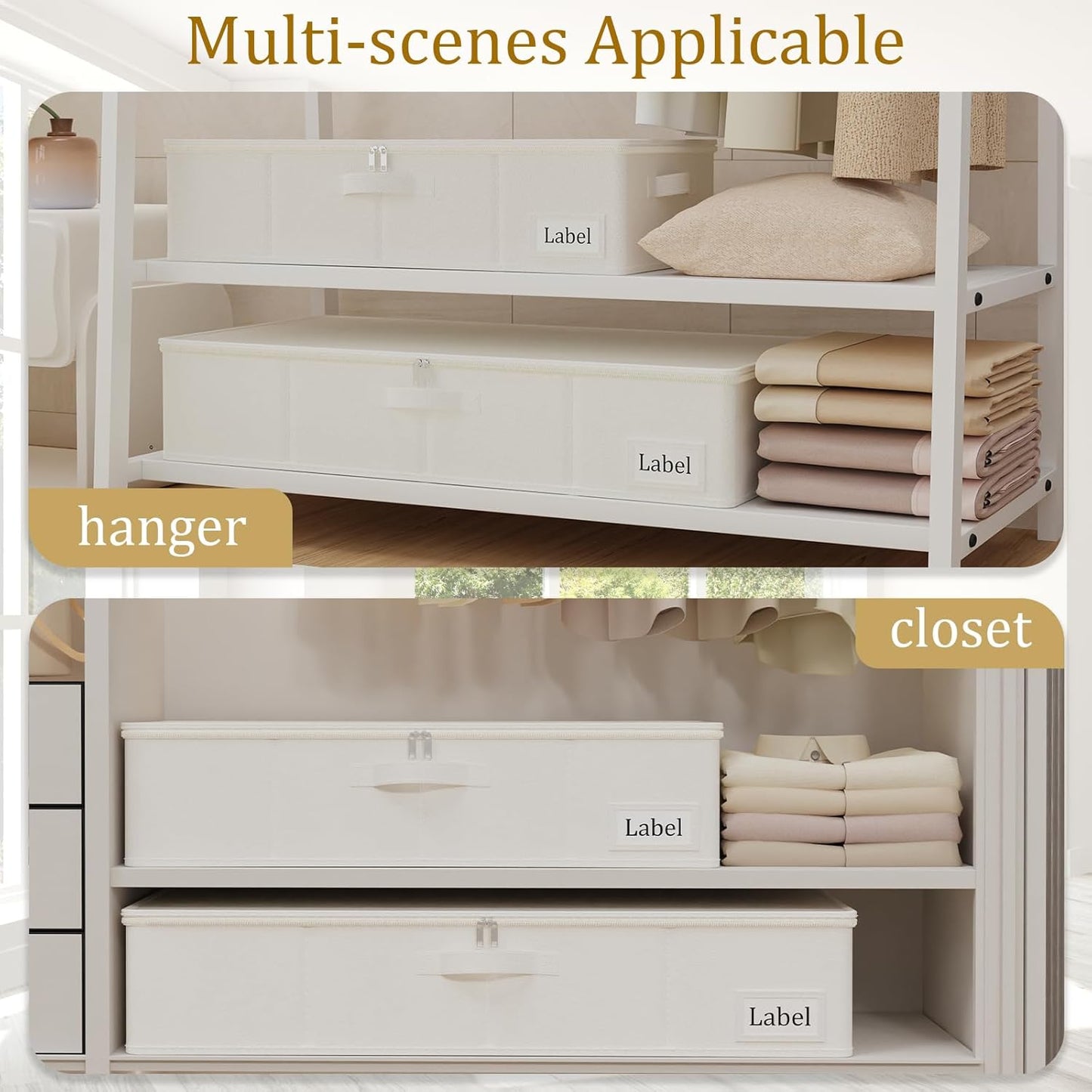 Yawinhe Underbed Bags, Storage Containers Bags with Lid, Foldable Blanket Bins, with Sturdy Zipper und Label Holders, for Clothing, 23.6''Lx11.8''Wx6''H, 2 Pack, Beige