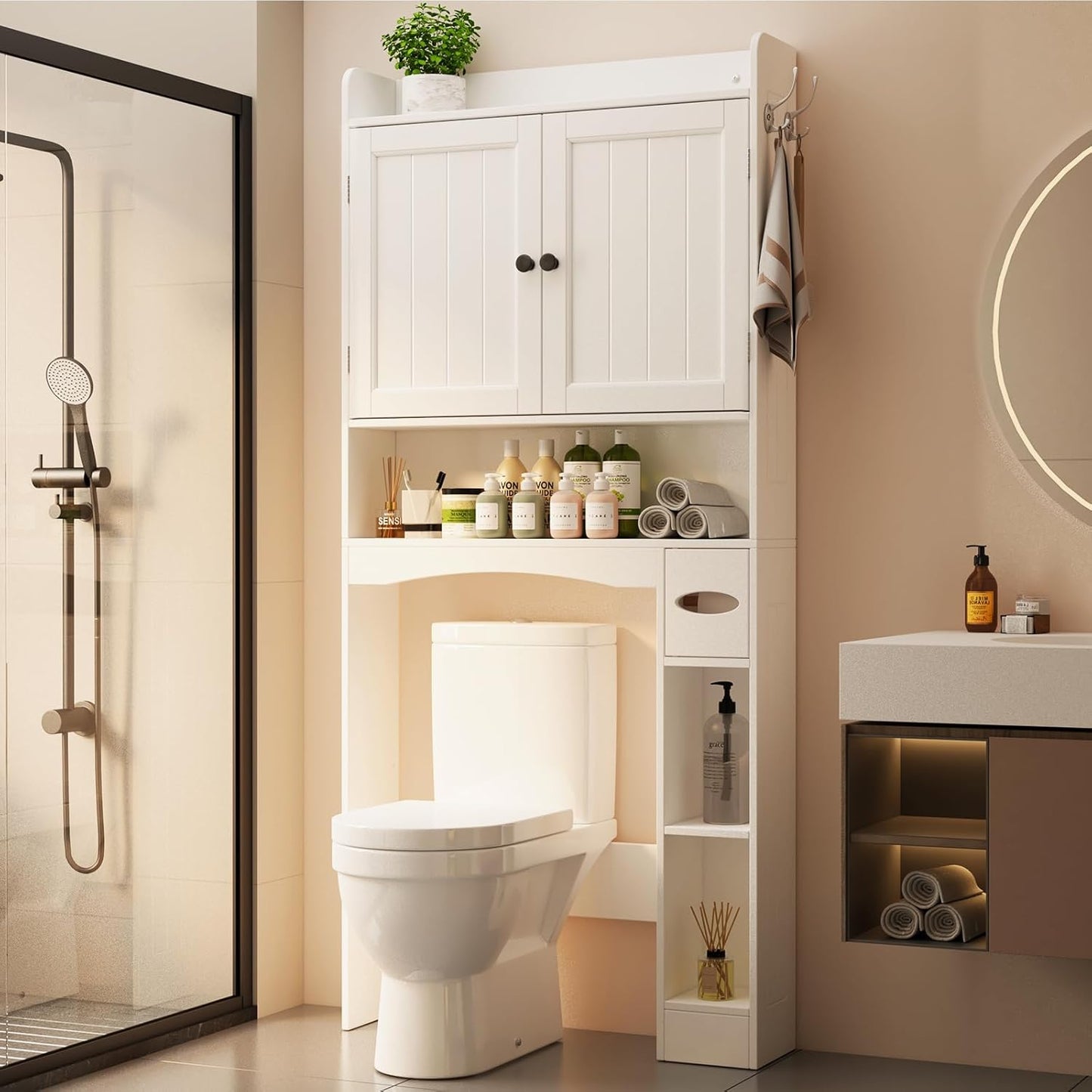 Ahomly Over The Toilet Storage Cabinet, 32.3" W Over Toilet Bathroom Organizer with Doors, Adjustable Shelves, Toilet Paper Holder, 2 Side Hooks, Space-Saver for Bathroom, Laundry, White