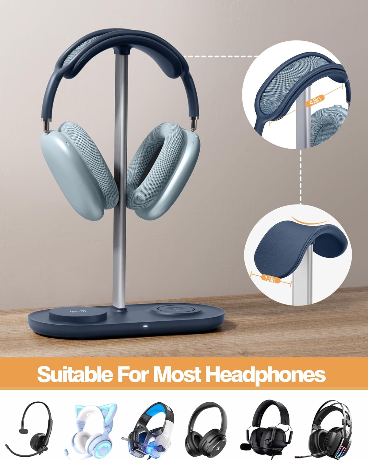 HiWe 3-in-1 Headphone Stand - Universal Desktop Gaming Headset Holder with Wireless Charger for Phones/AirPods/iWatch, Aluminum Alloy Rod, Leather Pad, ABS Solid Base, Blue