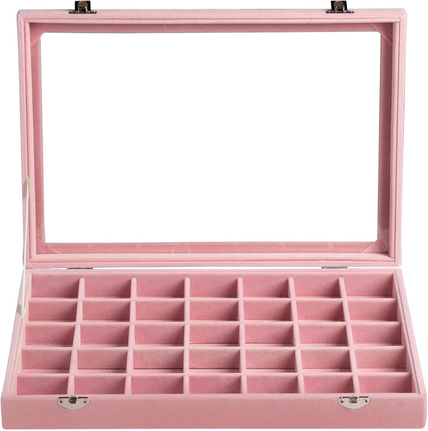 Frebeauty Velvet Jewelry Tray,35 Grid Jewelry Organizer with Clear Lid,Earring Holder Organizer Case with Clasp,Drawer Insert for Rings Studs,13.8 x 9.5 x 2 Inches,Gift for Women Girls(Pink)