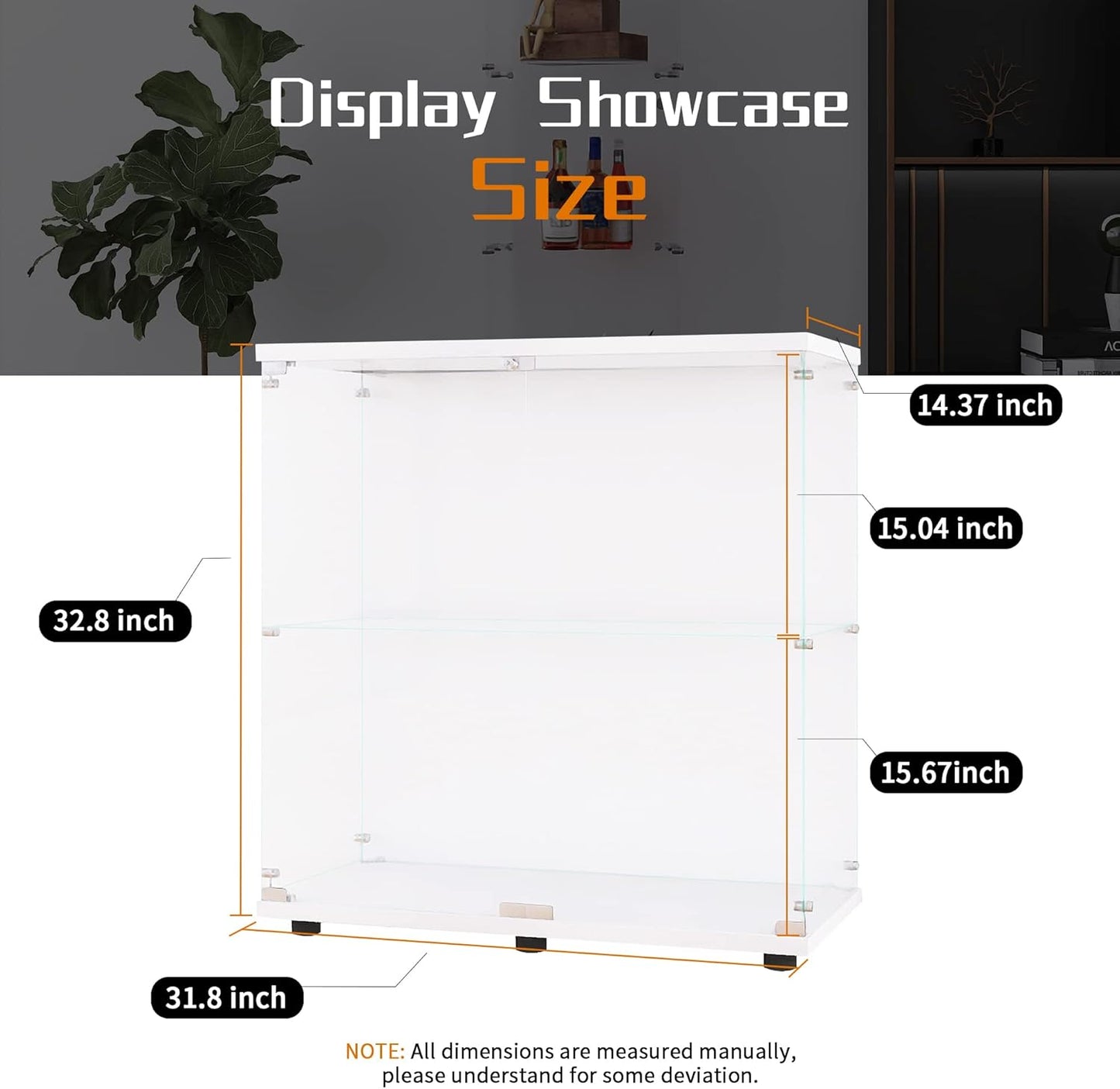 Beauty4U Glass Display Cabinet with 2 Shelves, 2 Doors Curio Cabinets for Living Room, Bedroom, Office, White Floor Standing Glass Bookshelf, Quick Installation
