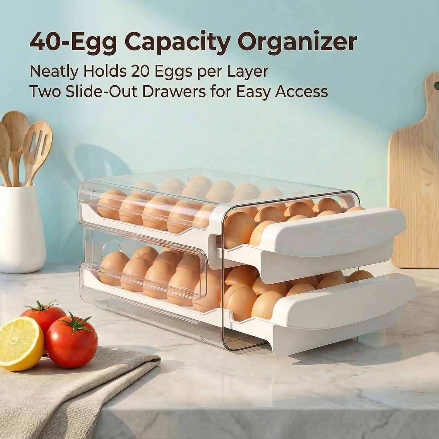 Zagtag® Egg Holder for Fridge, 2-Tier Stackable 40 Eggs Organizer Drawer for Refrigerator, Space-Saving Egg Container, Clear Plastic Egg Tray for Kitchen Storage