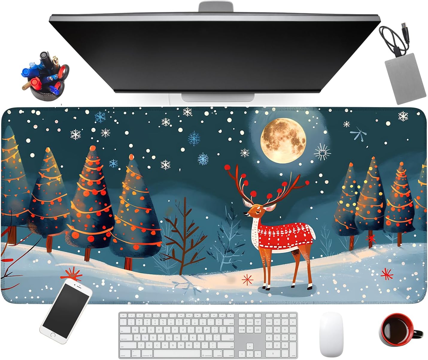 Large Mouse Pad 35.5 x 15.8 Inch, Christmas Reindeer Desk Mat, Gaming Mouse Pad with Non-Slip Base, Extended Keyboard Mat, Thick 3mm Smooth Surface Mousepad for Office & Home,35.43 x 15.75 in