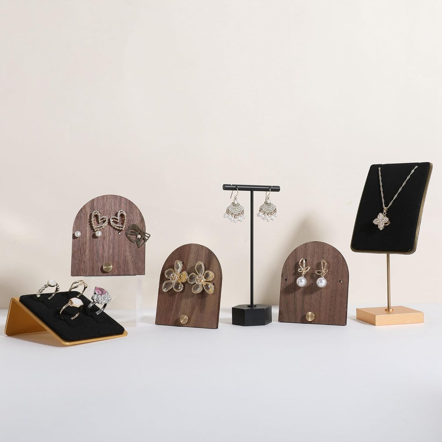 GemeShou 3pcs wooden jewelry earring organizer holder, walnut earring studs stand for boutique store, cute earring display for selling with 6 holes on each【Earring stand-Arch-3pcs】