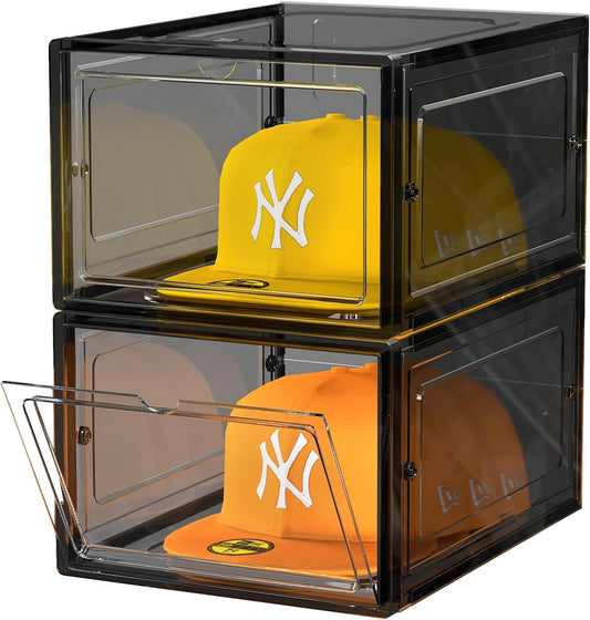 Hat Organizer Box, Stackable Clear Baseball Caps Holder Box Containers with Magnetic Door for Hats Snapback Cap Storag, Hat Rack Display Case, Holds 8 Hats Each (Black, 2 Pack)