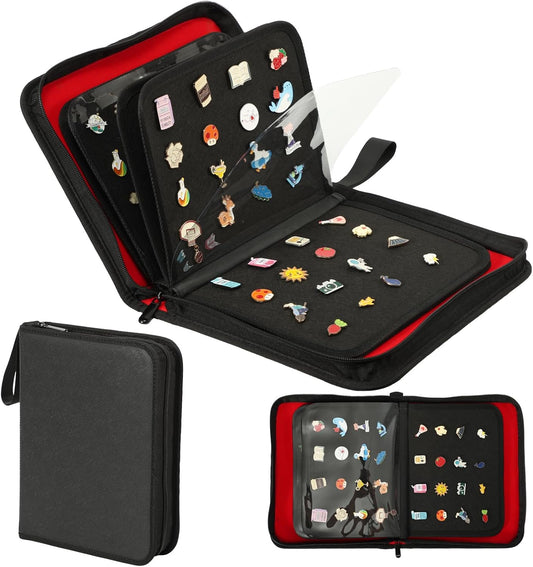 Enamel Pin Display Book, 6-Page Pin Trading Book, Portable Pin Bag and Pin Board (PU Black)