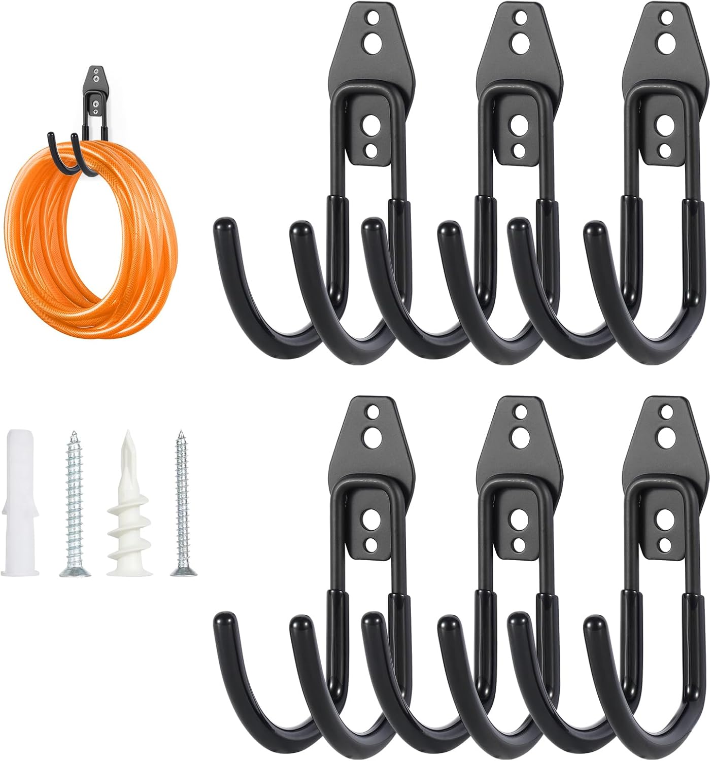 Garage Tool Hooks Wall Mount, 6 Pack Heavy Duty Storage Hooks for Garden Tools, Wall Hooks for Garden Hoses, Brooms, Ladders, Garage Storage and Organization Accessories