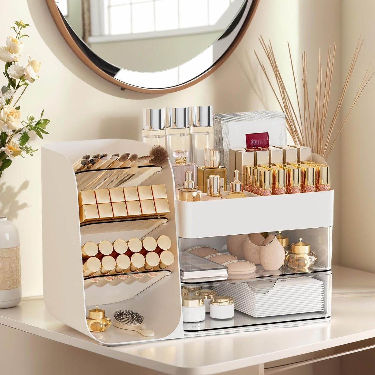 Makeup Organizer with 2 M Drawers & Brush Holders - Cosmetic Storage Case for Vanity, Bathroom Countertop & Desk - Skincare & Office Supplies Organizer (White, M)