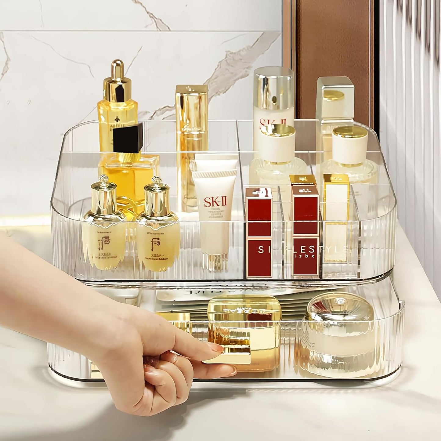 Clear Makeup Organizer for Vanity, Large Desk Organizer with Stackable Drawer for Cosmetics, Skincare, Lipsticks, Palette, Nail Care, Ideal Storage for Dresser and Bathroom Countertop