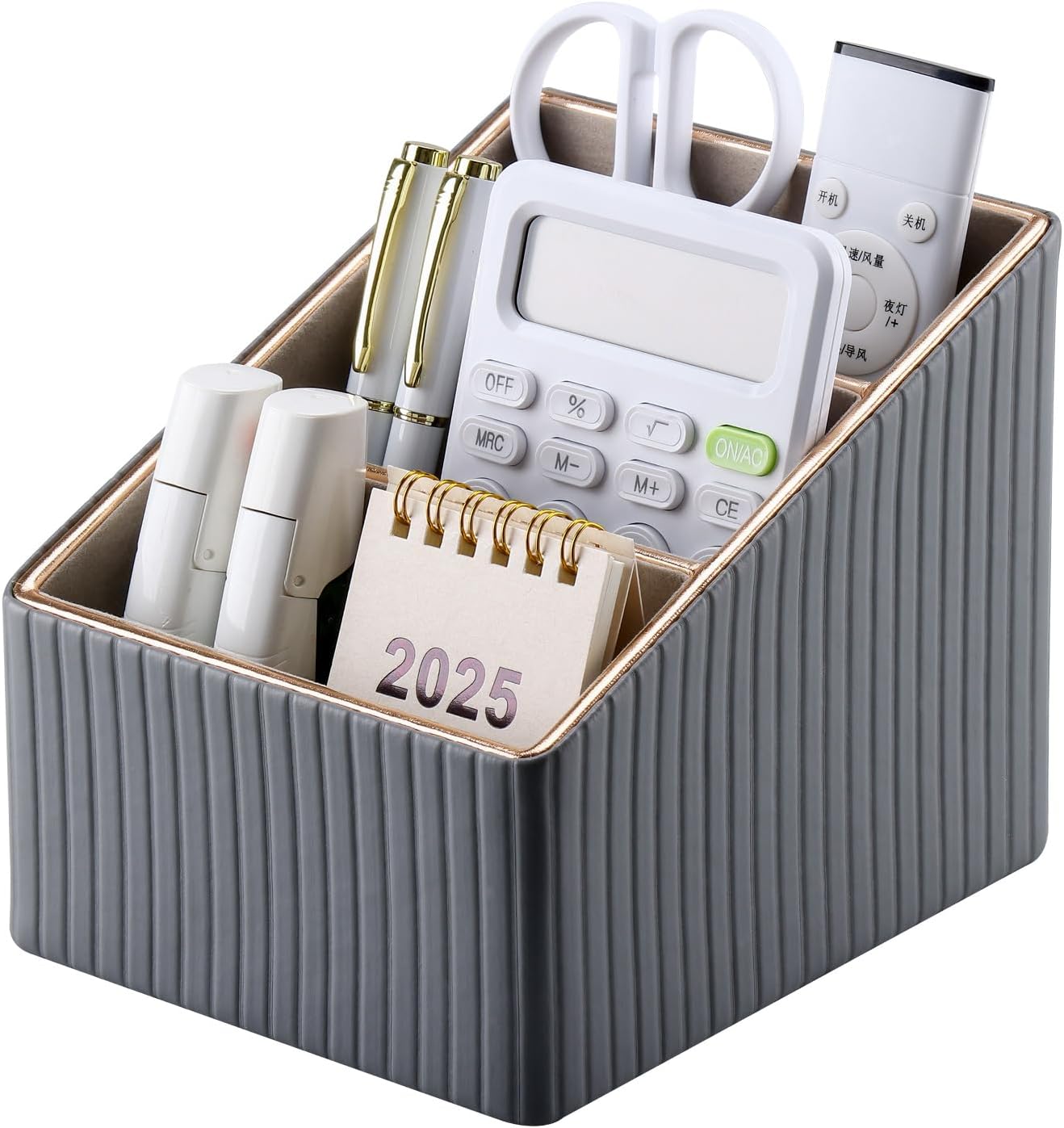 KINGFOM 3 Slot PU Leather Remote Controller Holder, Home Sundries Storage Box, TV Guide/Mail/CD Organizer/Caddy/Holder with Free Cable Desk Organizer (Grey)