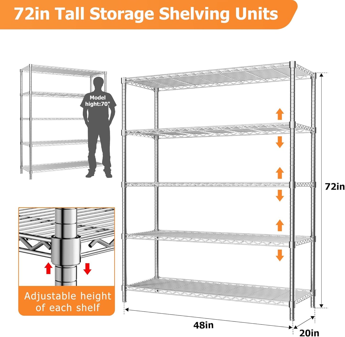 Storage Shelves Heavy Duty, 2 PCS 48" L x 20" W x 72" H Garage Wire Shelving Unit Loads 2000LBS, 5-Tier Adjustable Metal Industrial Utility Shelf Rack for Kitchen, Laundry Room, Warehouse, Basement