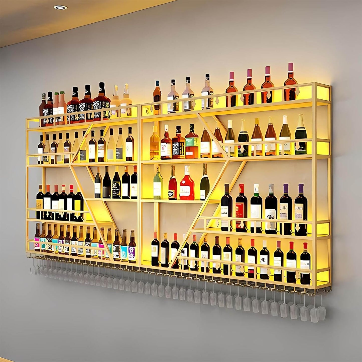 63in Large Wall Mounted Wine Rack 4 Tier Metal Wine Bottle Holder Modern Diamond Design Floating Bar Liquor Bottles Storage Rack for Home Restaurant Bar Decorative (Gold, 4 Tier - 63in)