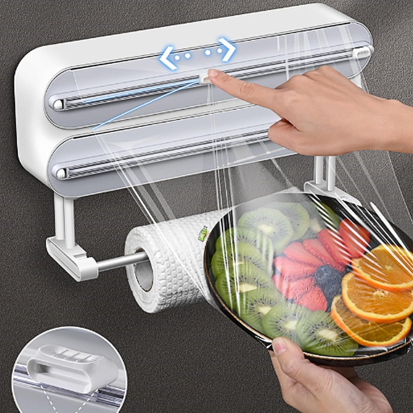3 in 1 Plastic Wrap Dispenser with Cutter，Magnetic Aluminum Foil and Adhesive Film Organizer, Wall Mount Kitchen Wrap Organizer, Cling Wrap Dispenser with Paper Towel Holder and Cutter
