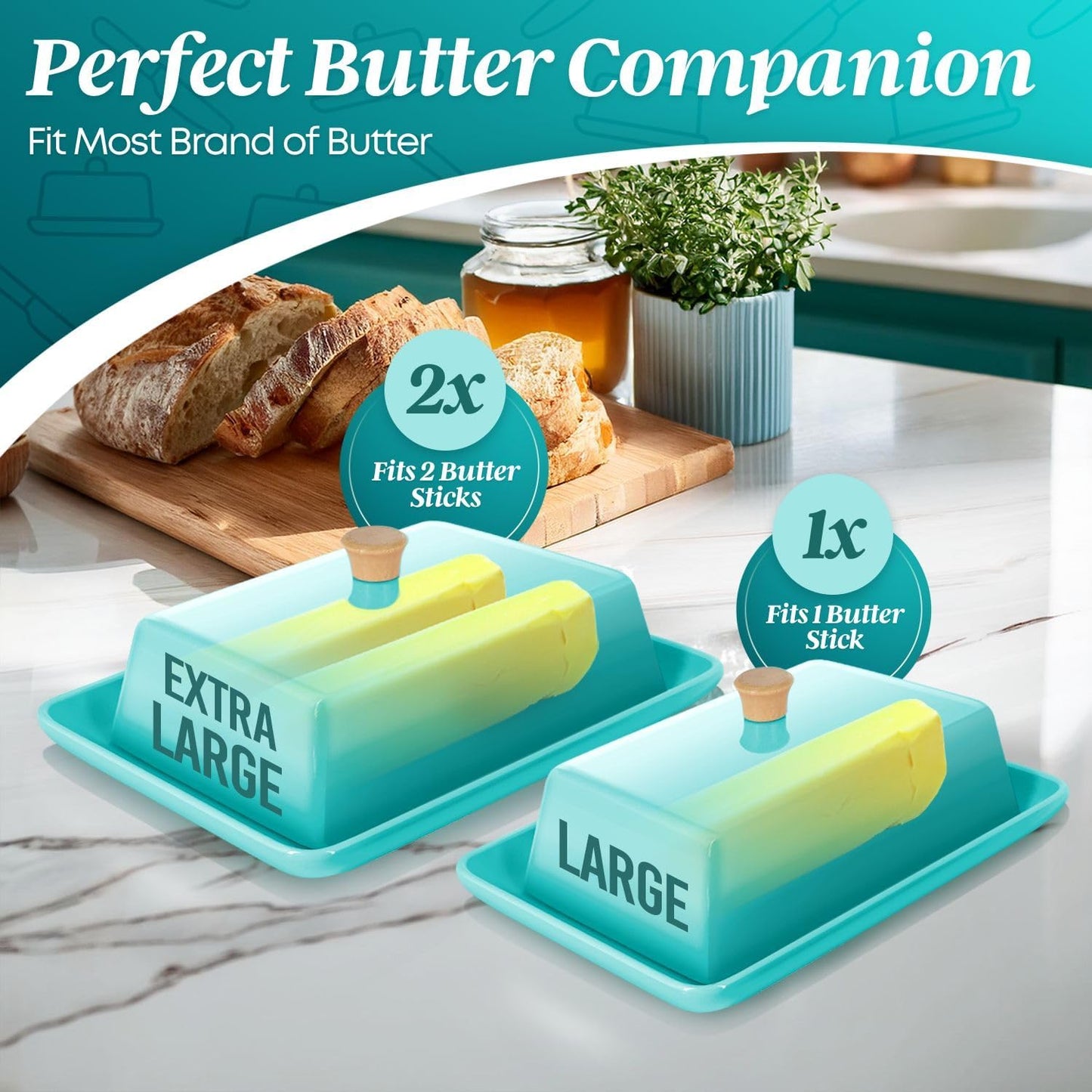 Flexzion Ceramic Blue European Butter Dish with Lid for Countertop (7 Inch) - Wide 2 Stick Double Butter Holder for Counter, Cream Cheese Container Storage Keeper
