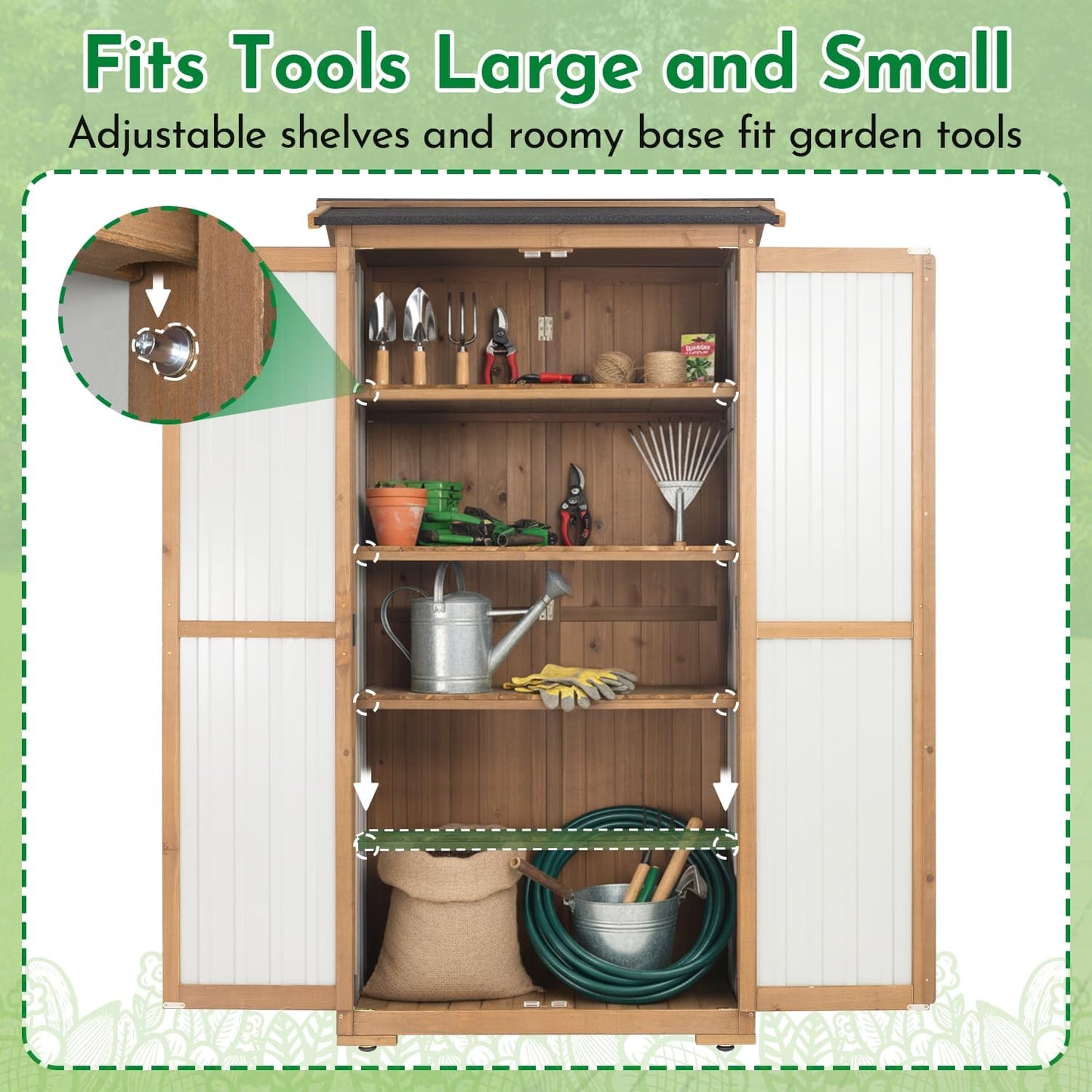 Outdoor Storage Cabinet, Wood & Metal Garden Cabinet with 3 Adjustable Shelf, Weather-Resistant Roof, Lockable Doors & Adjustable Feet for Patio, Garden, Farm (33" L x 21" W x 69" H)