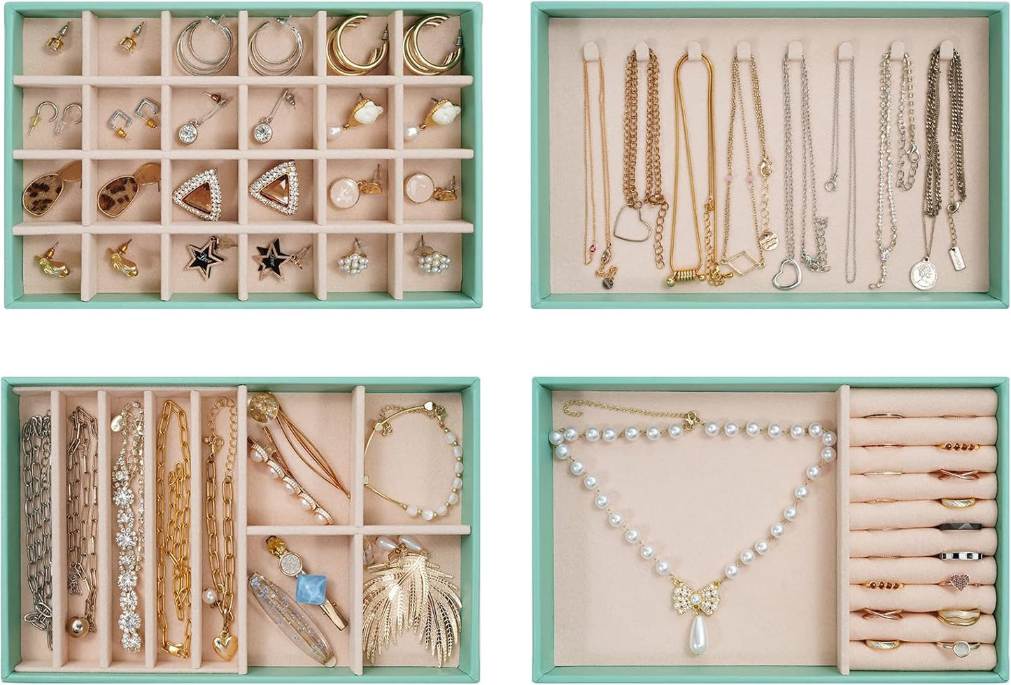 ProCase Stackable Jewelry Organizer Trays for Drawers, Jewelry Drawer Inserts Container Display Case Storage for Earring Necklace Rings Bracelet with Removable Dividers -Mint, 4 Layers