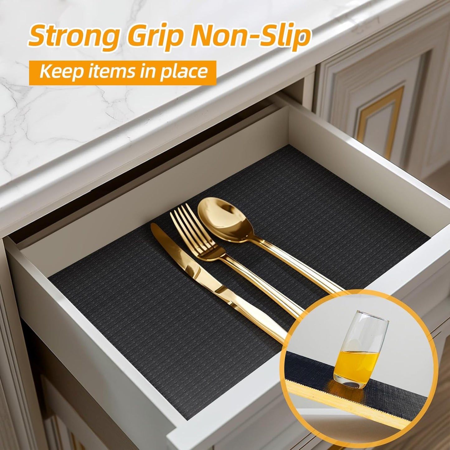 Shelf and Drawer Liner for Kitchen Cabinets Non-Adhesive, Strong Grip Non-Slip Thickened Cabinet Liners for Shelves, Waterproof Mats for Dresser Cupboard, Black, 12 in x 20 Feet