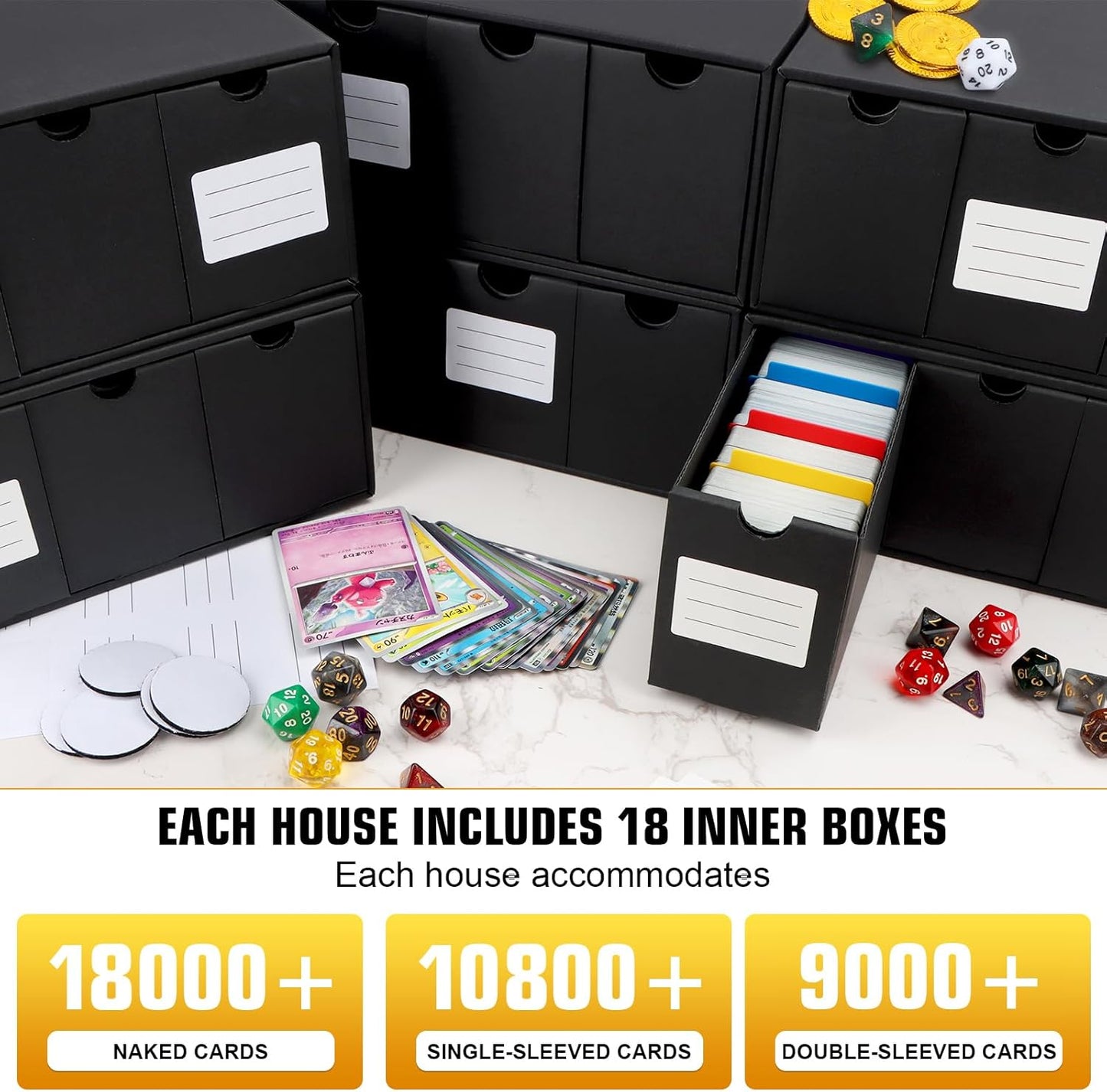 Trading Card Storage Box, Includes 18-600 CT Boxes & 60 Card Dividers, Trading Card Organizer for Collectible Card Games, for TCG, YGO, MTG, PTCG, Baseball Cards, with Labels & Tapes