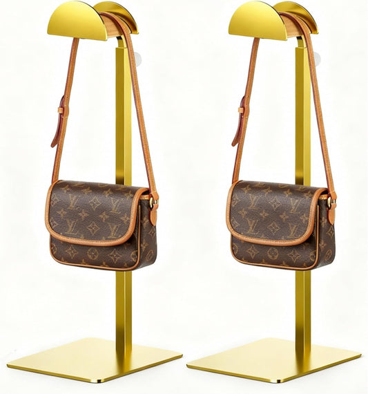 2 Pack Purse Display Stand, Purse Holder Handbag Display Stand Metallic Gold Purse Hanger Showing Bags, Purses, and Wreath, Adjustable Hook Stand for Tabletop, Closet, Desk, and Retail Use