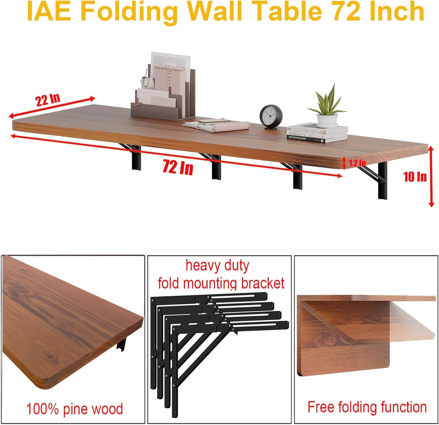 IAE Floating Wall Mounted Folding Table Desk with Pine Wood,72" x 22" Foldable Workbench,Fold Down Wall Mounted Foldable Desk with Shelf Brackets,Laundry Folding Table for Home,Dining,Kitchen,Teak