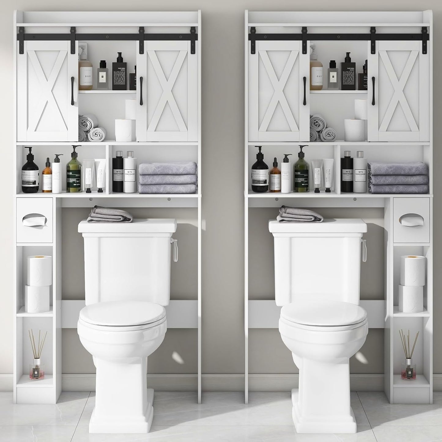 Vabches Over The Toilet Storage Cabinet, Farmhouse Storage Cabinet Over Toilet with Sliding Doors，Home Space-Saving Toilet Rack, for Bathroom, Restroom, Laundry