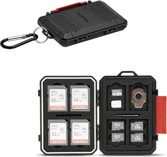 22 Slots SD MicroSD Memory Card Case, IP67 Waterproof Anti-Shock Memory Card Holder for 8 SD SDHC SDXC Cards, 12 MicroSD TF MSD Cards, 2 Nano SIM Storage Carrying Case - Black