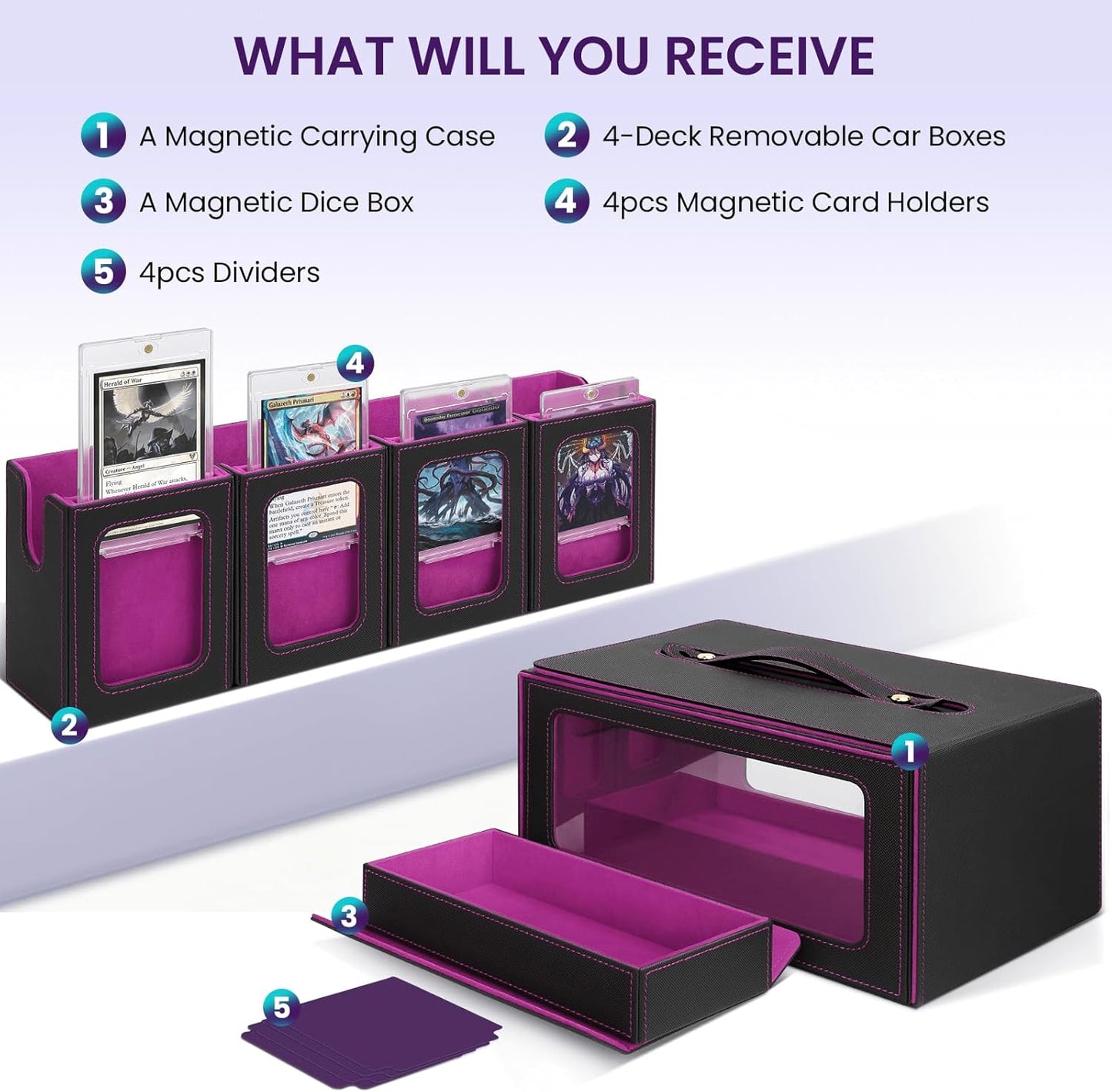 Card Deck Box for MTG with Commander Display, 5 in 1 Card Storage Box Fits 400+ Double-sleeved Cards, Deck Case for TCG Sports Cards with Dividers, Dice Tray, Magnetic Card Holders, Black Purple