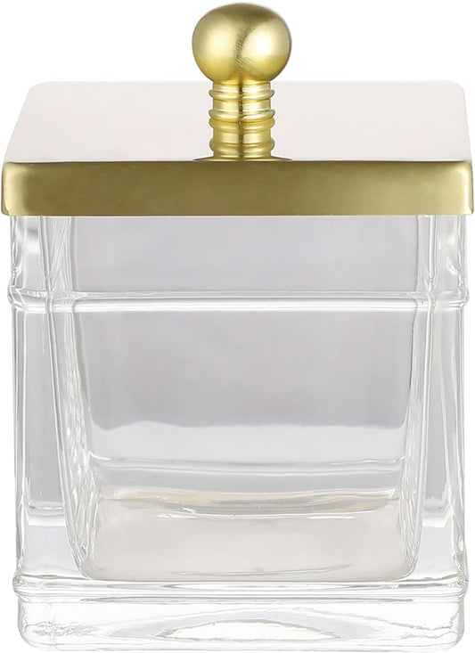 Clear Transparent Hotel Style Apothecary Tempered Glass Canister Jar W/ Gold Metal Lid Cover, Classic Countertop Organizer for Cotton balls/pads, Floss Picks, Makeup Storage