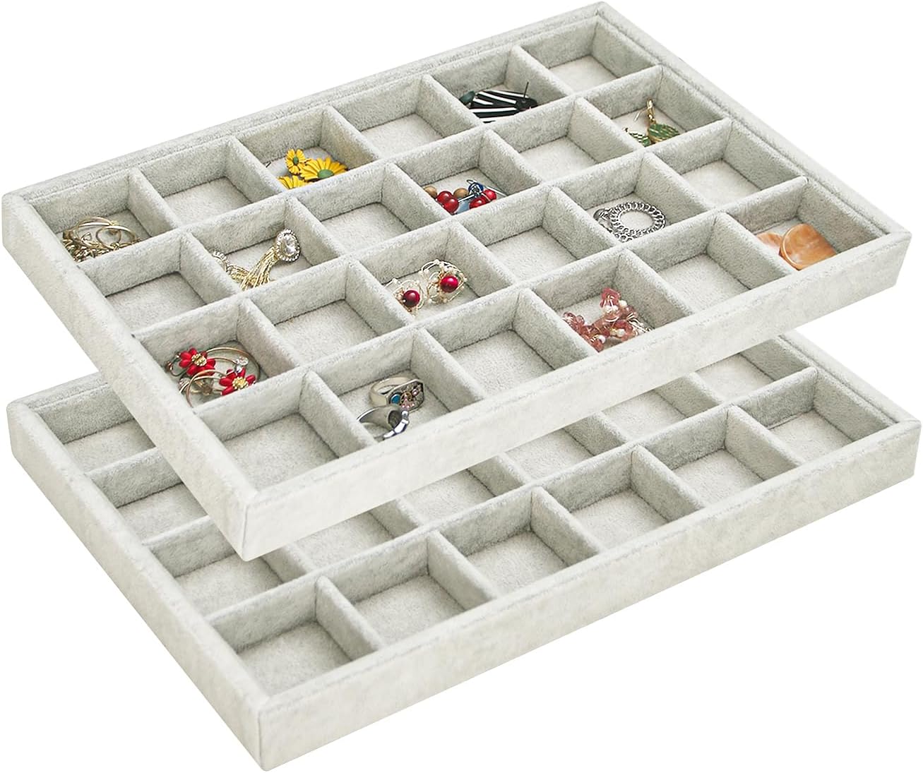 2pcs/Set Velvet Jewelry Tray, 24 Grids Large Storage Tray for Bracelet Bangle Beads Display, Jewellery Organizer Box Tray for Home Drawer or Shop Store Selling Show (Grey Velvet)