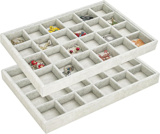 2pcs/Set Velvet Jewelry Tray, 24 Grids Large Storage Tray for Bracelet Bangle Beads Display, Jewellery Organizer Box Tray for Home Drawer or Shop Store Selling Show (Grey Velvet)