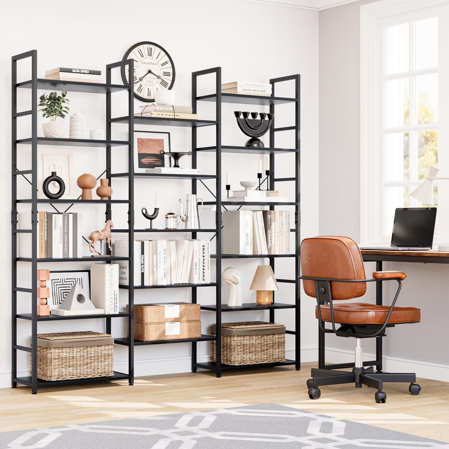 NUMENN Triple Column 6 Tier Bookshelf, Bookcase with 17 Open Display Shelves, Adjustable Rustic Industrial Style Book Shelves, Modern Bookshelves for Bedroom, Living Room and Home Office, Black