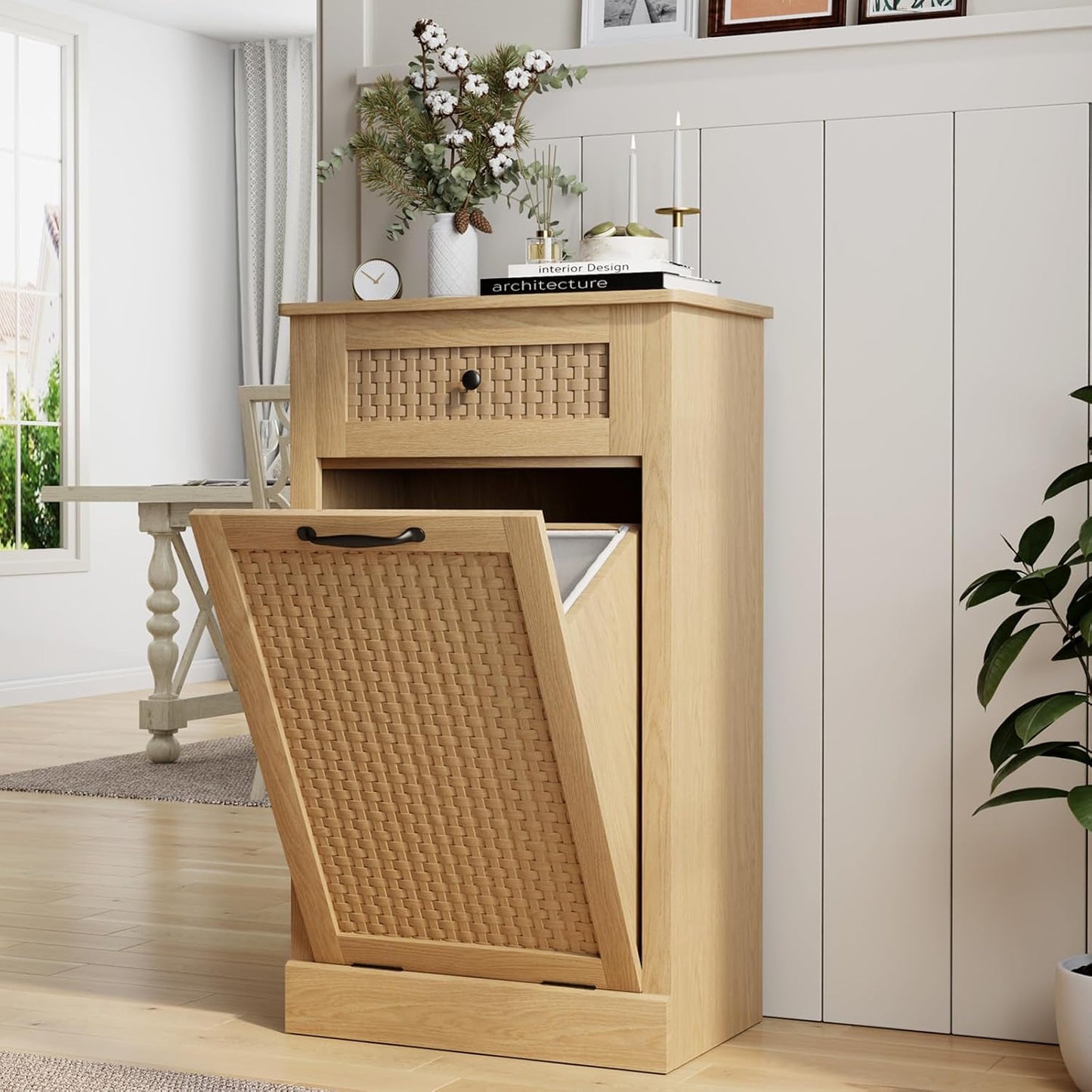Tilt Out Laundry Hamper Cabinet,10 Gallon Laundry Cabinet with Drawers ＆ Hidden Baskets, Farmhouse Storage Basket for Laundry Room, Bathroom, Kitchen, Wood