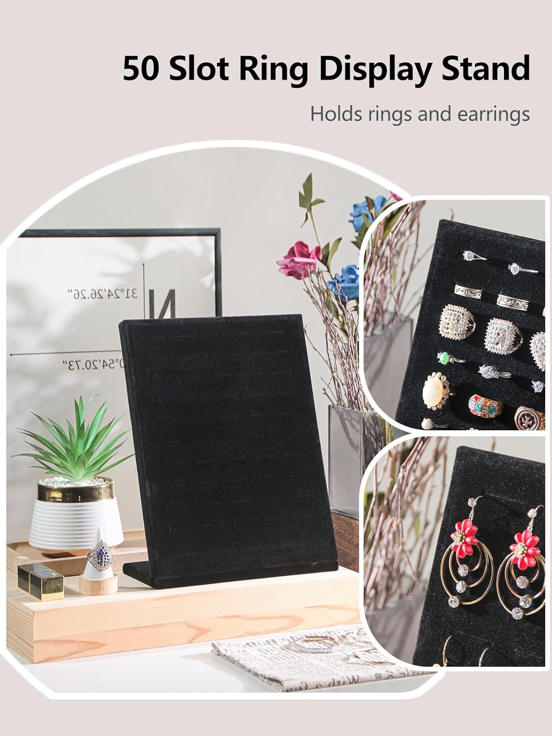 Ring Board Display Stand,Velvet Jewelry Earring Organizer Holder for Selling,Vendors Storage Tray for Multiple Rings (Black*2)