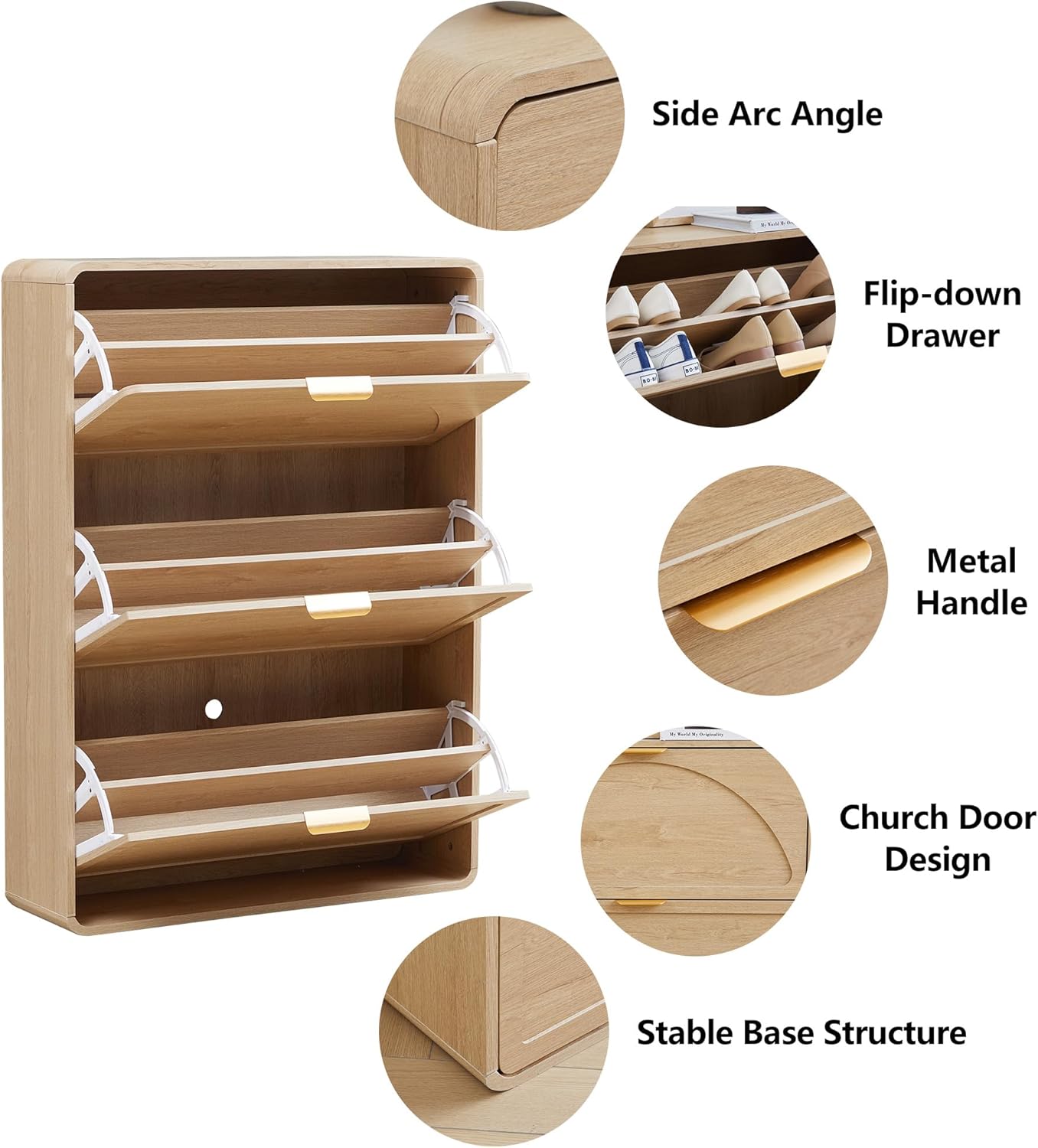 Hidden Shoe Cabinet with Drawer, Free Standing Narrow Shoe Rack Cabinet for Entryway Slim, 3 Flip Drawer Shoe Storage Organizer Cabinet for Entry,Hallway,Door,Dorm,Small Spaces - Natural