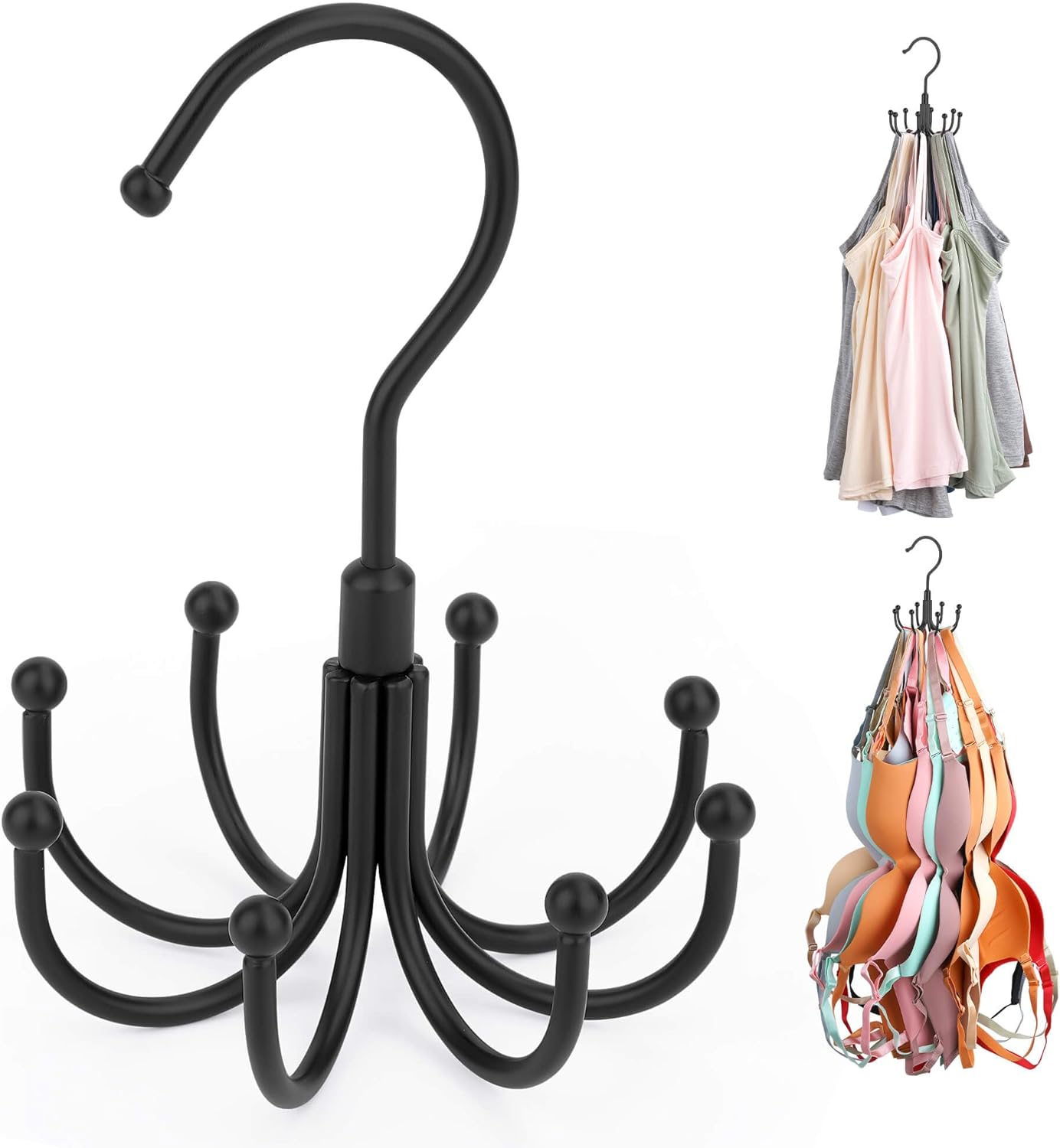 ZEDODIER Tank Top Hanger, 2 Pack Rotatable Bra Organzier for Closet, Max 48 Storage Capacity Sport Bras Holder, Metal Space Saving Closet Organizers and Storage, Black