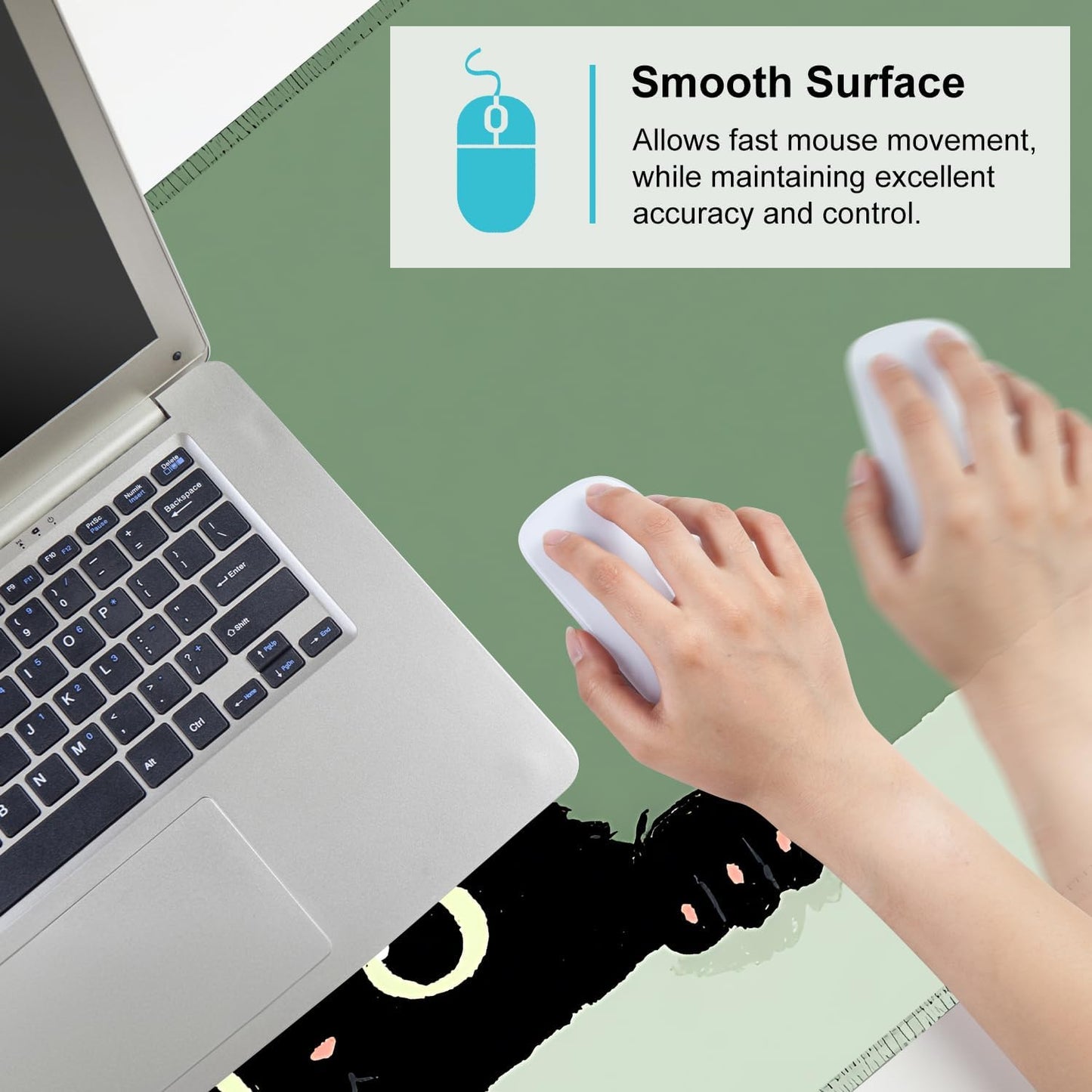 Cute Black Cat Large Mouse Pad – Extended Desk Mat 35.43 x 15.75 in – Kawaii Kitty Peeking Over Edge, Green Background, Non-Slip Rubber Base, Waterproof Keyboard & Mouse Pad for Office or Gaming