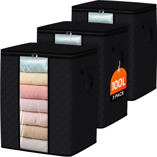 SpaceWhisper 3 Pack 100L Clothes Storage, Foldable Thick Fabric Blanket Storage Bags, Containers for Organizing Bedroom, Closet, Clothing, Comforter,Closet Organization with Handle,Black
