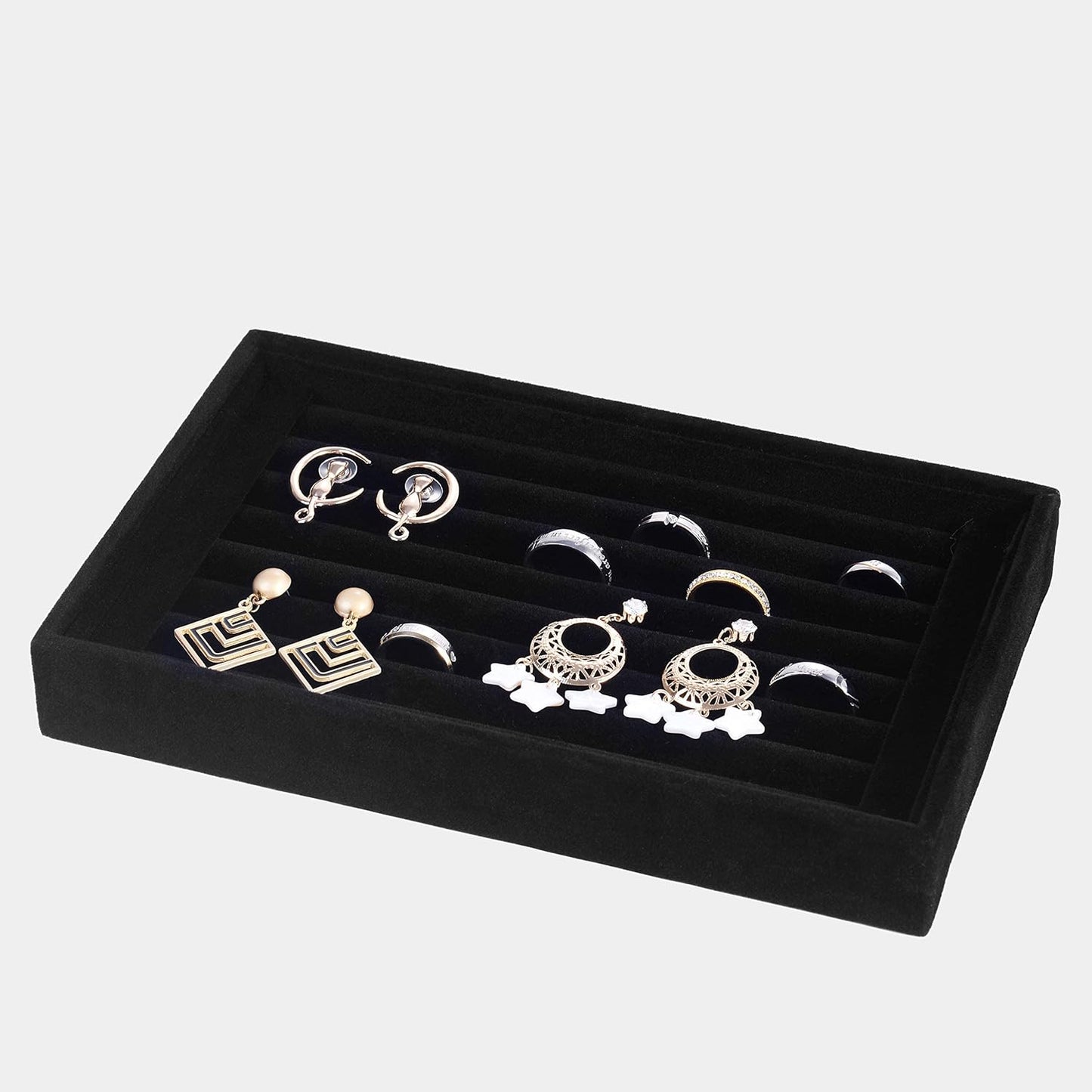 Valyria Velvet 7 Slots Ring Earrings Trays Showcase Display Jewelry Organizer VA003 (Black)