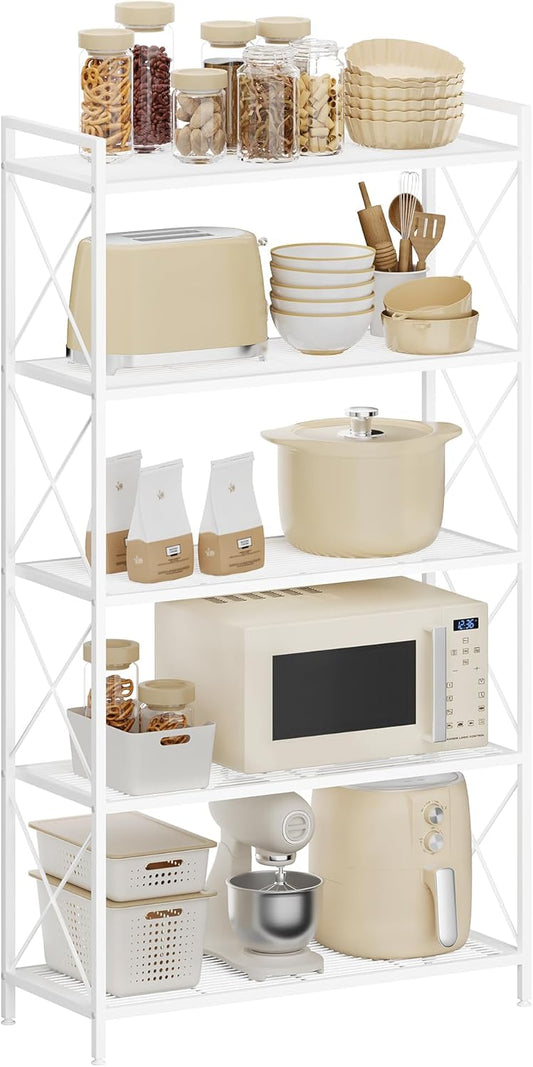 SONGMICS 5-Tier Metal Storage Rack, Shelving Unit with X Side Frames, Dense Mesh, 12.6 x 31.5 x 57.3 Inches, for Entryway, Kitchen, Living Room, Bathroom, Industrial Style, Cloud White UBSC185W01