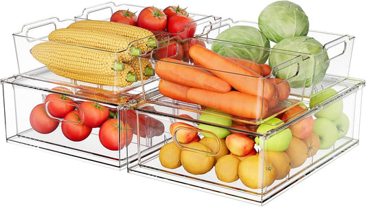 Refrigerator Organizer Bins with Pull-out Drawer 6 Pack Stackable Clear Fridge Drawer Organizer Fruit Vegetable Storage Containers for Kitchen Pantry Organization (2 Large+4 Medium)