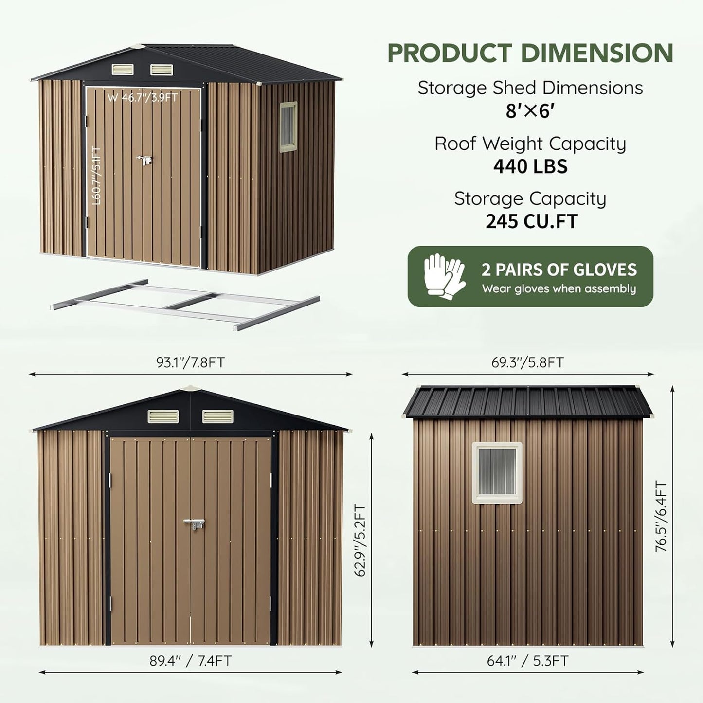 6x8FT Outdoor Metal Storage Shed with Floor Frame,Double Door, 1 Clear Window, Tool Shed for Garden, Patio, Backyard Brown