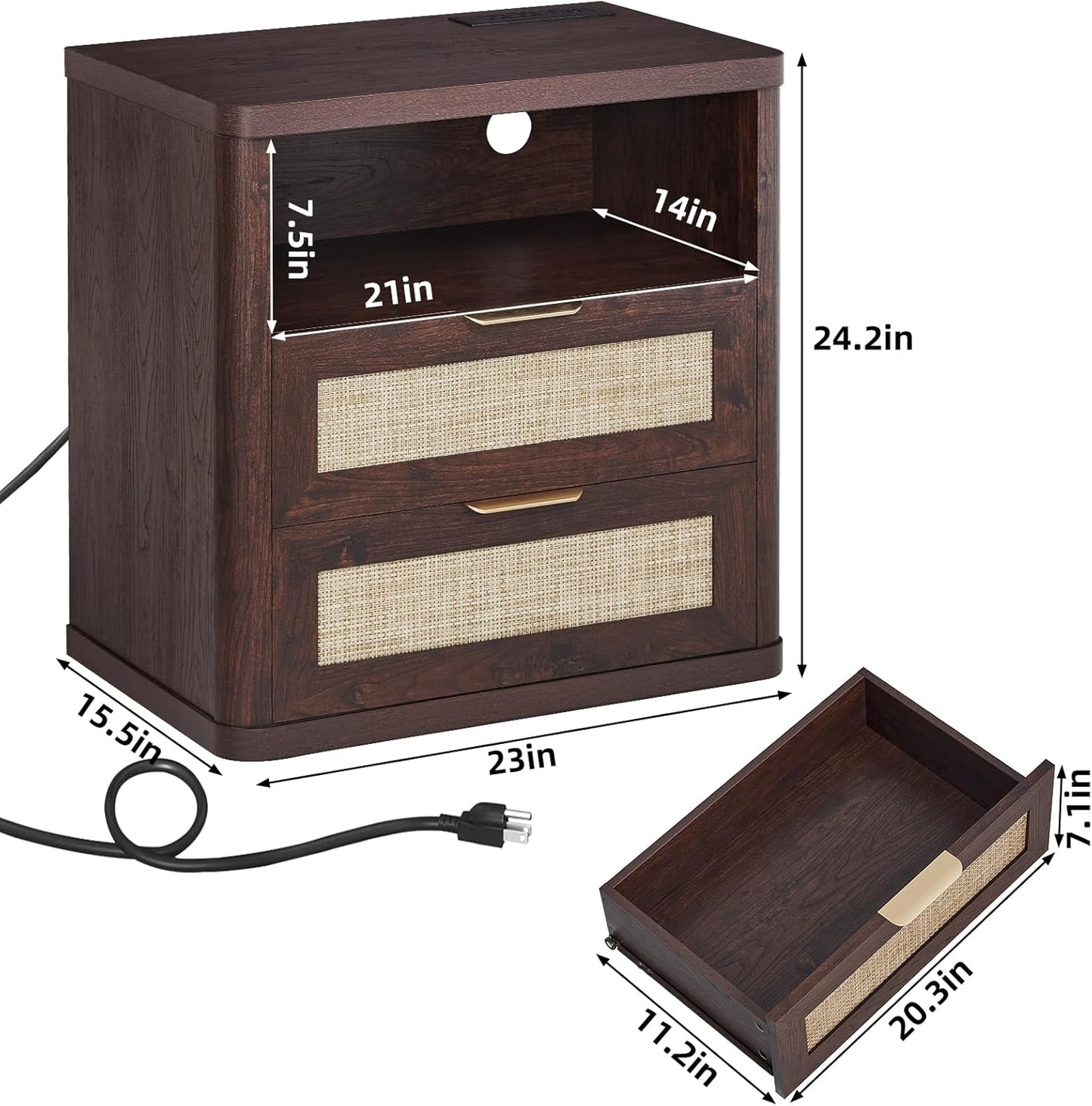 LEYAOYAO Rattan Nightstands with Charger Station, 23" Wide Boho Night Stand with 2 Drawers, Bedside Table Open Shlef, Bed Side End Table Dresser for Bedroom, Living Room Hallway, Walnut