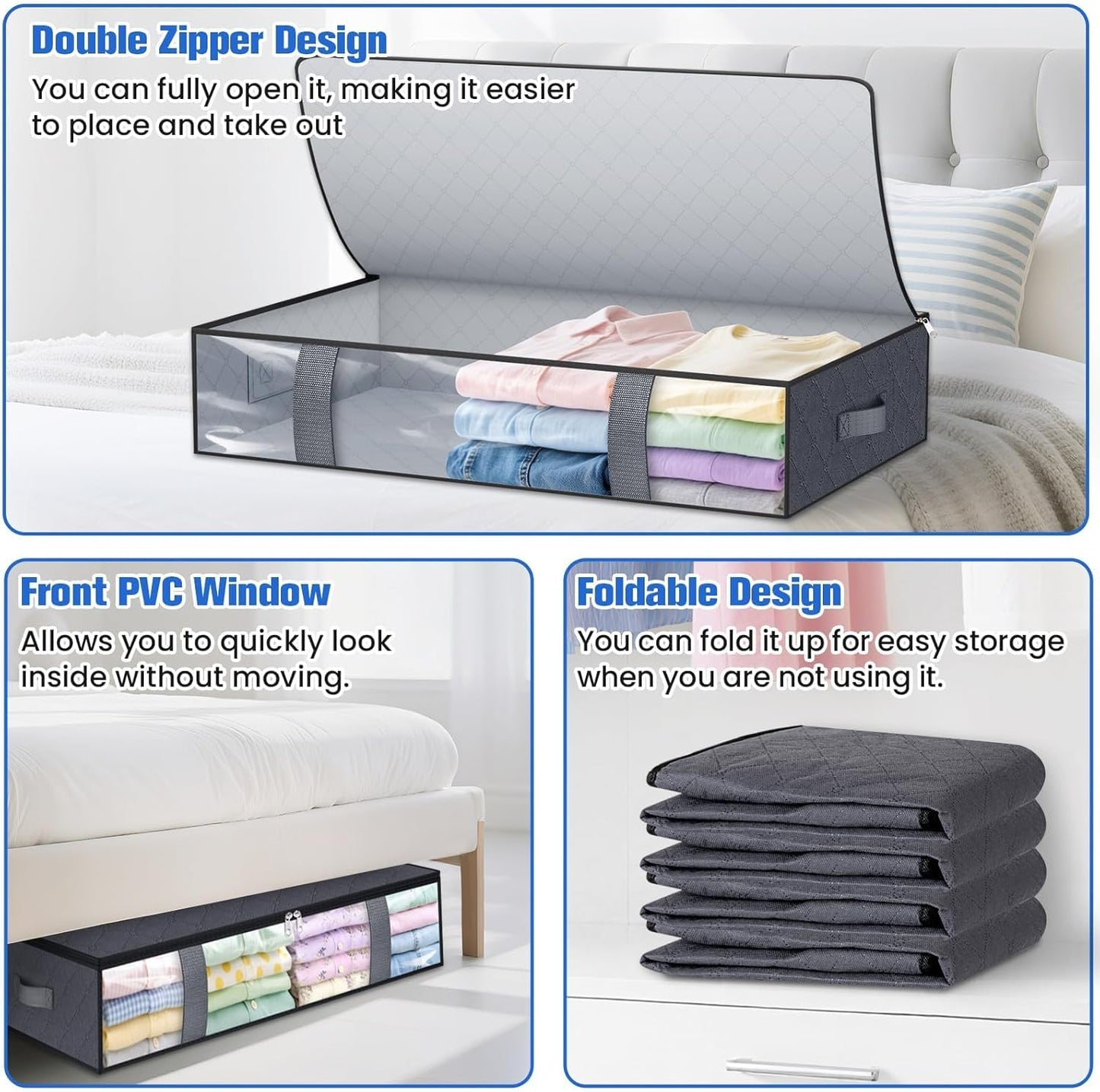 Under Bed Storage Containers, 6 Pack Blanket Storage Bags, Collapsible Storage Bags with Big Zippers, Clear Front, Shoe Storage and Organization for Clothes, Comforter, 75L, Grey