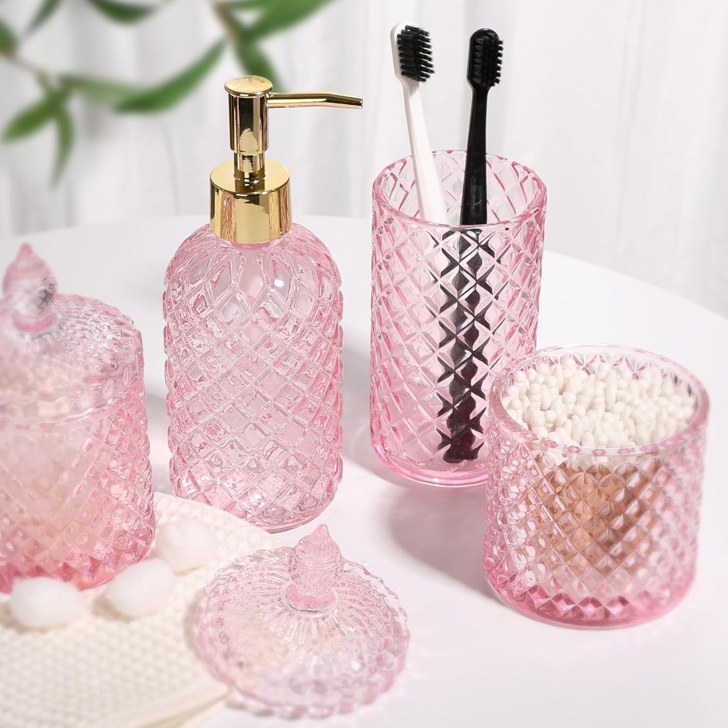 Pink Bathroom Accessories Set, 4 Pack Pink Bathroom Decor Accessory Sets Complete, Diamond Glass Soap Dispenser and Toothbrush Holder Set for Bath Counter Organizer Essentials