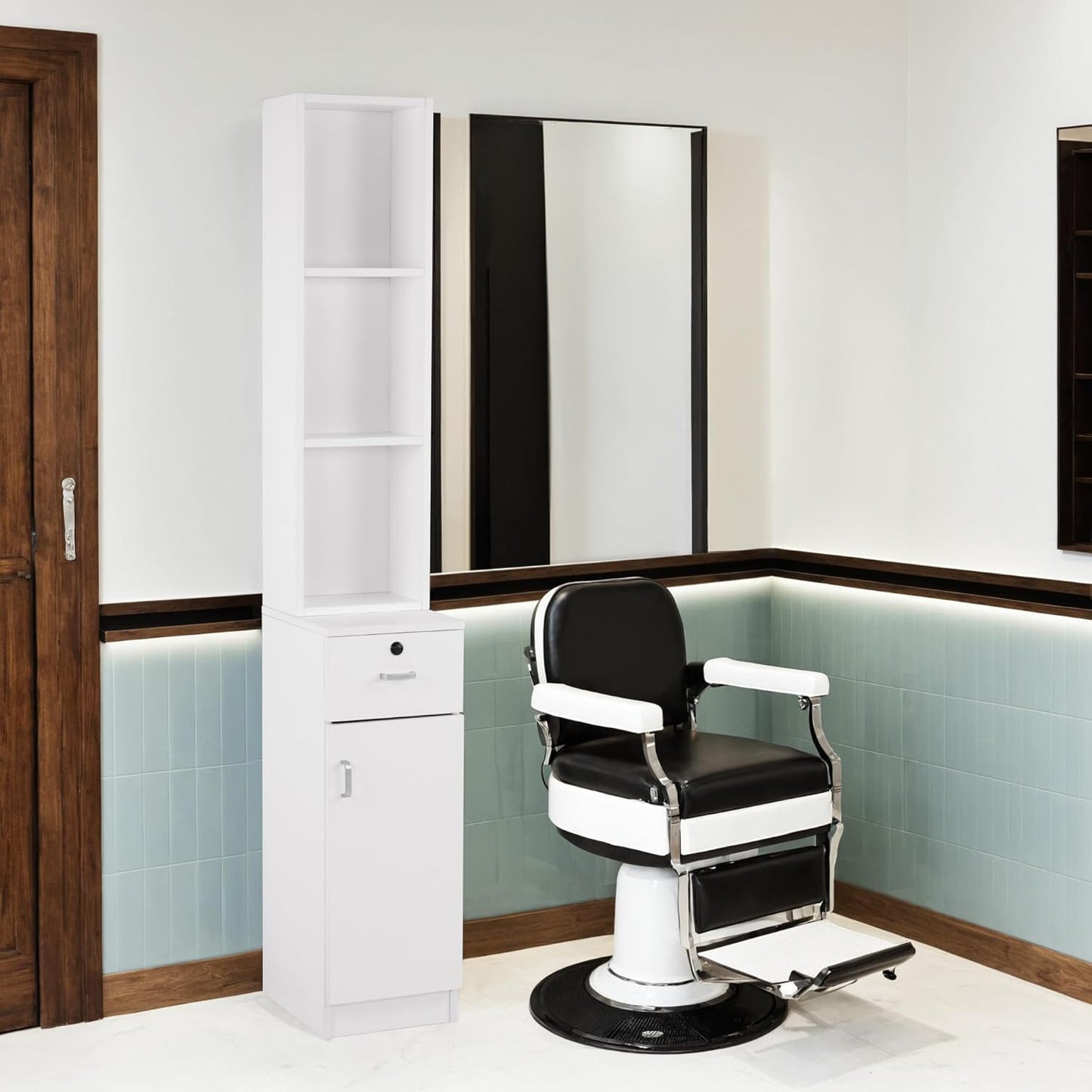 BarberPub Locking Wall Mount Hair Styling Barber Station Drawer Storage Beauty Salon Spa Equipment 3036-1 (White(Handle Left))