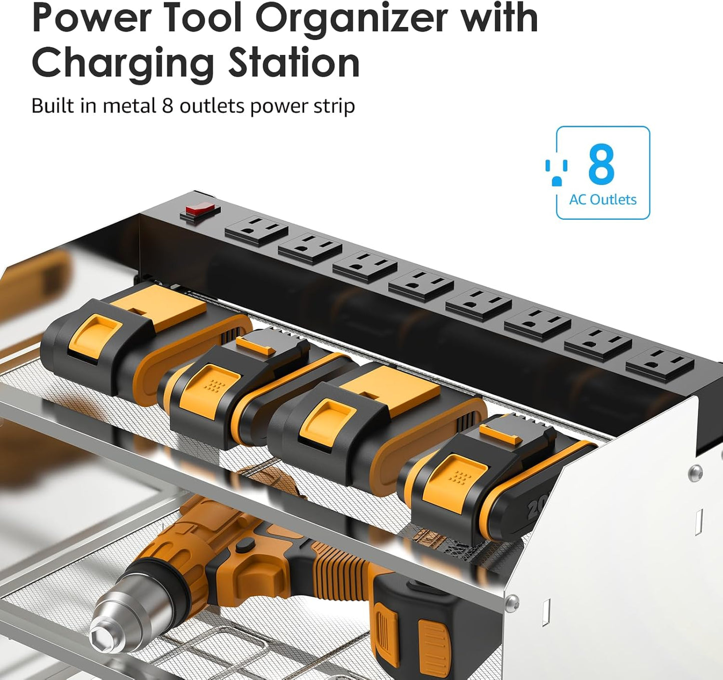 CCCEI Modular Power Tool Organizer Wall Mount with Charging Station. Garage Drill Storage Shelf with Hooks, Heavy Duty Rack, Tool Battery Holder Built in 8 Outlet. Gift for Men. Silver, 1 Pack.