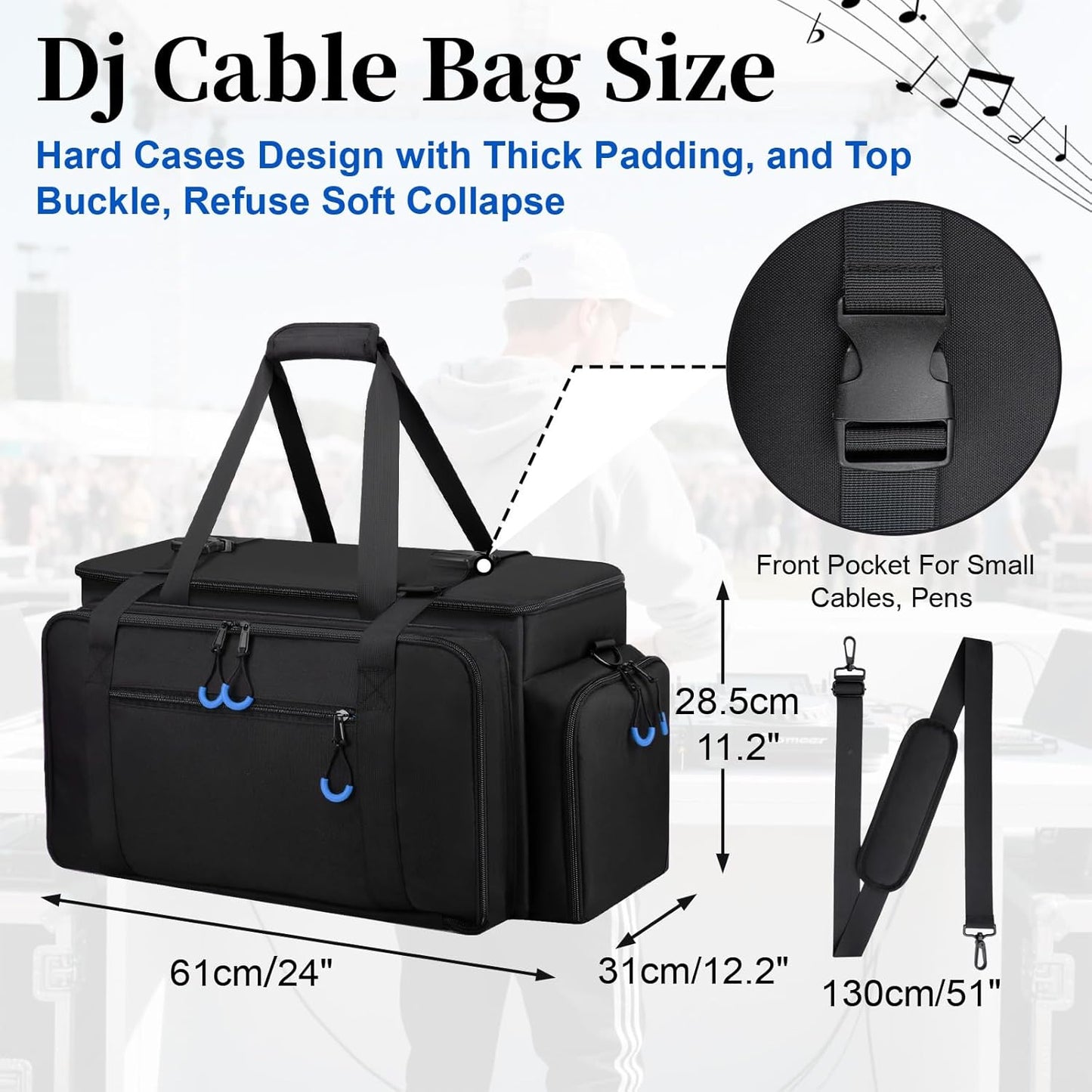 Large Dj Cable Bag with Laptop and Microphone Pocket, Dj Bag for Equipment and Music Accessories with Detachable Dividers, Bottom Pad, Dj Gig Bags for Musicians, Professional, Travel, Blue