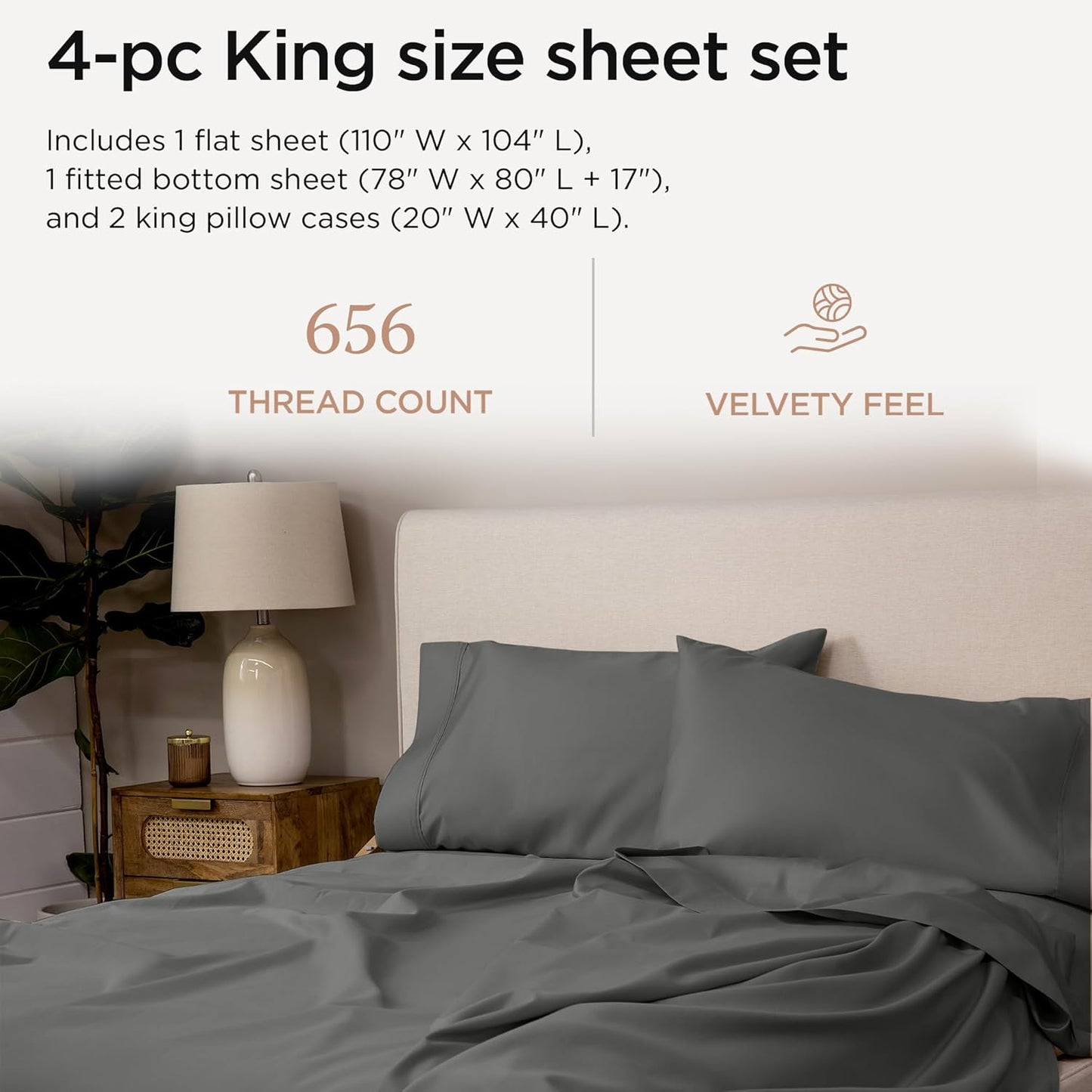 Threadmill American Supima King Size Sheets Set | 656 Thread Count 4 Piece Luxury Bed Sheets for King Size Mattress | 5 Star Hotel Quality Sheets with Elasticized Extra Deep Pocket | Dark Grey Sheets